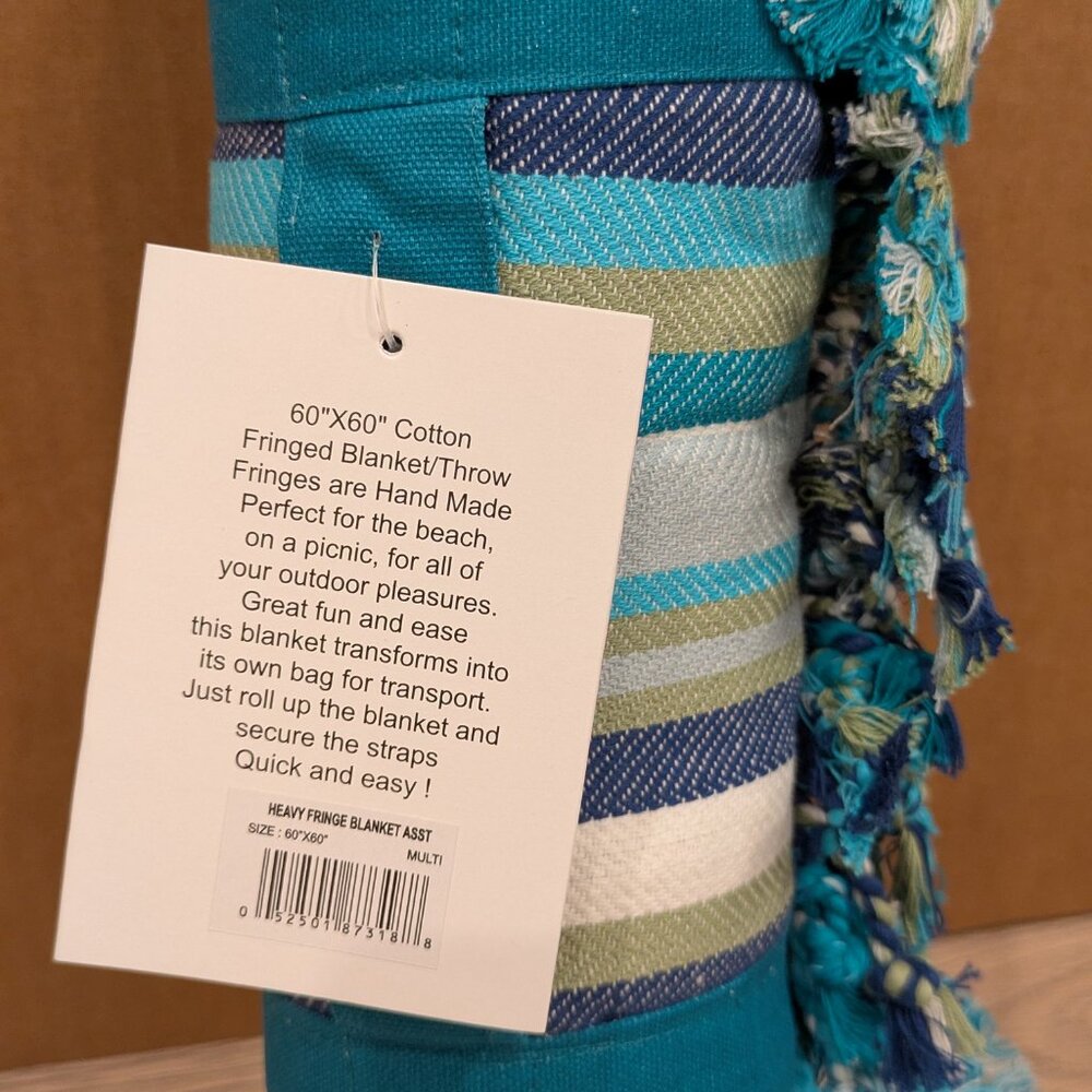 Portable Cotton Picnic Blanket 60” x 60” w/ Carry Strap & Fringe | Beach Camping - Picture 4 of 5